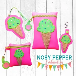 Ice Cream Applique Set (includes: snap tab, charms, bookmark/bag tag/ornament, 4x4 & 5x7 ITH bags) machine embroidery design DIGITAL DOWNLOAD
