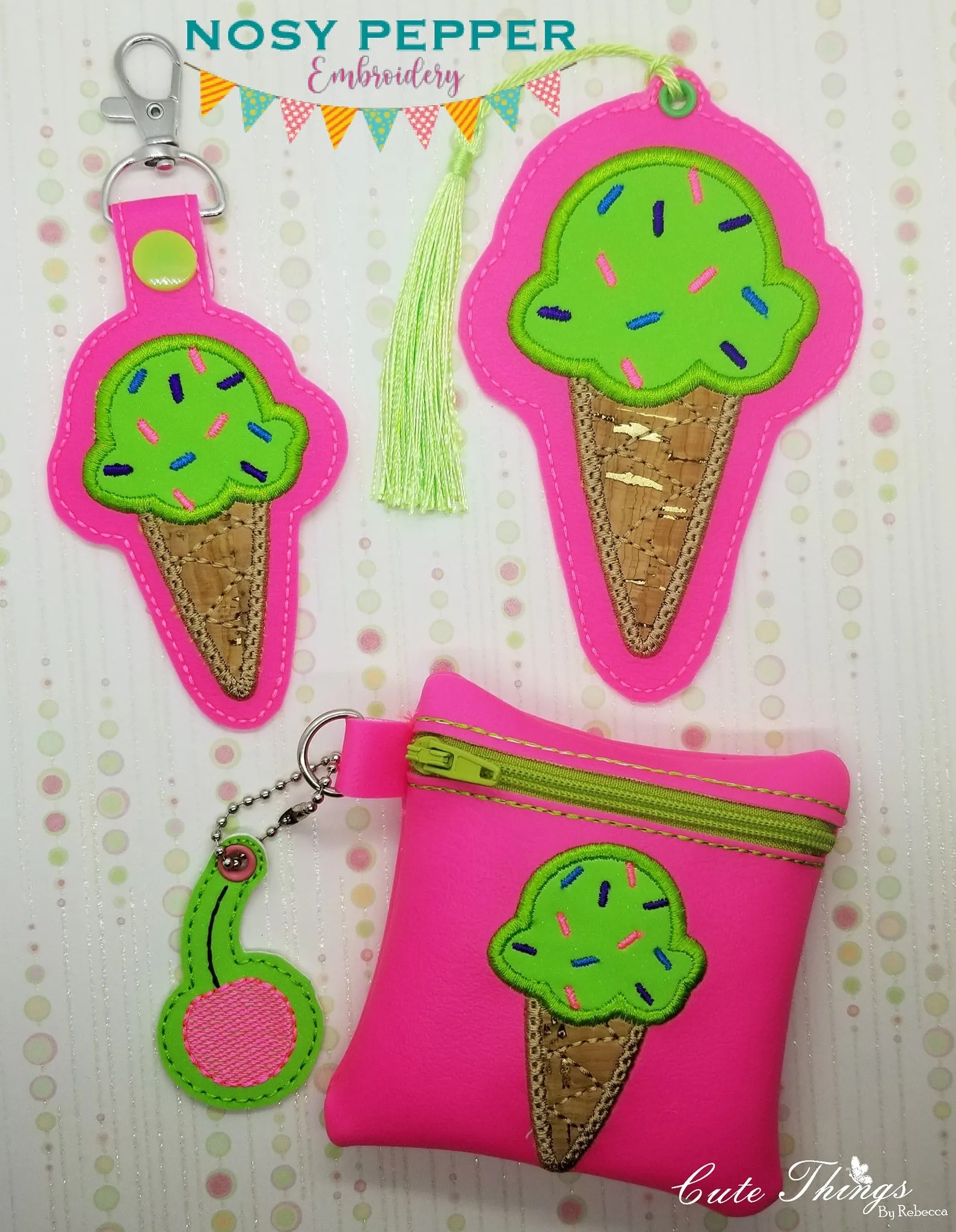 Ice Cream Applique Set (includes: snap tab, charms, bookmark/bag tag/ornament, 4x4 & 5x7 ITH bags) machine embroidery design DIGITAL DOWNLOAD