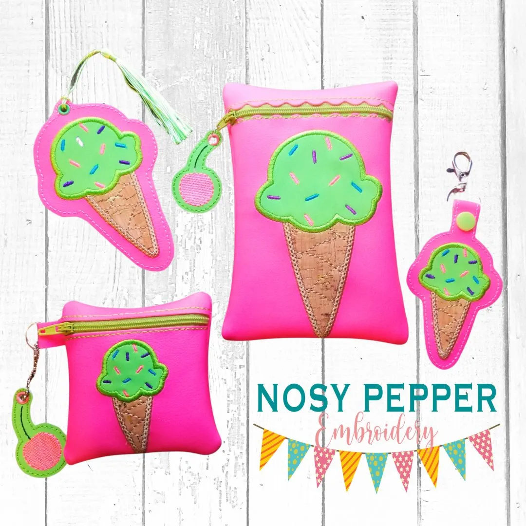 Ice Cream Applique Set (includes: snap tab, charms, bookmark/bag tag/ornament, 4x4 & 5x7 ITH bags) machine embroidery design DIGITAL DOWNLOAD