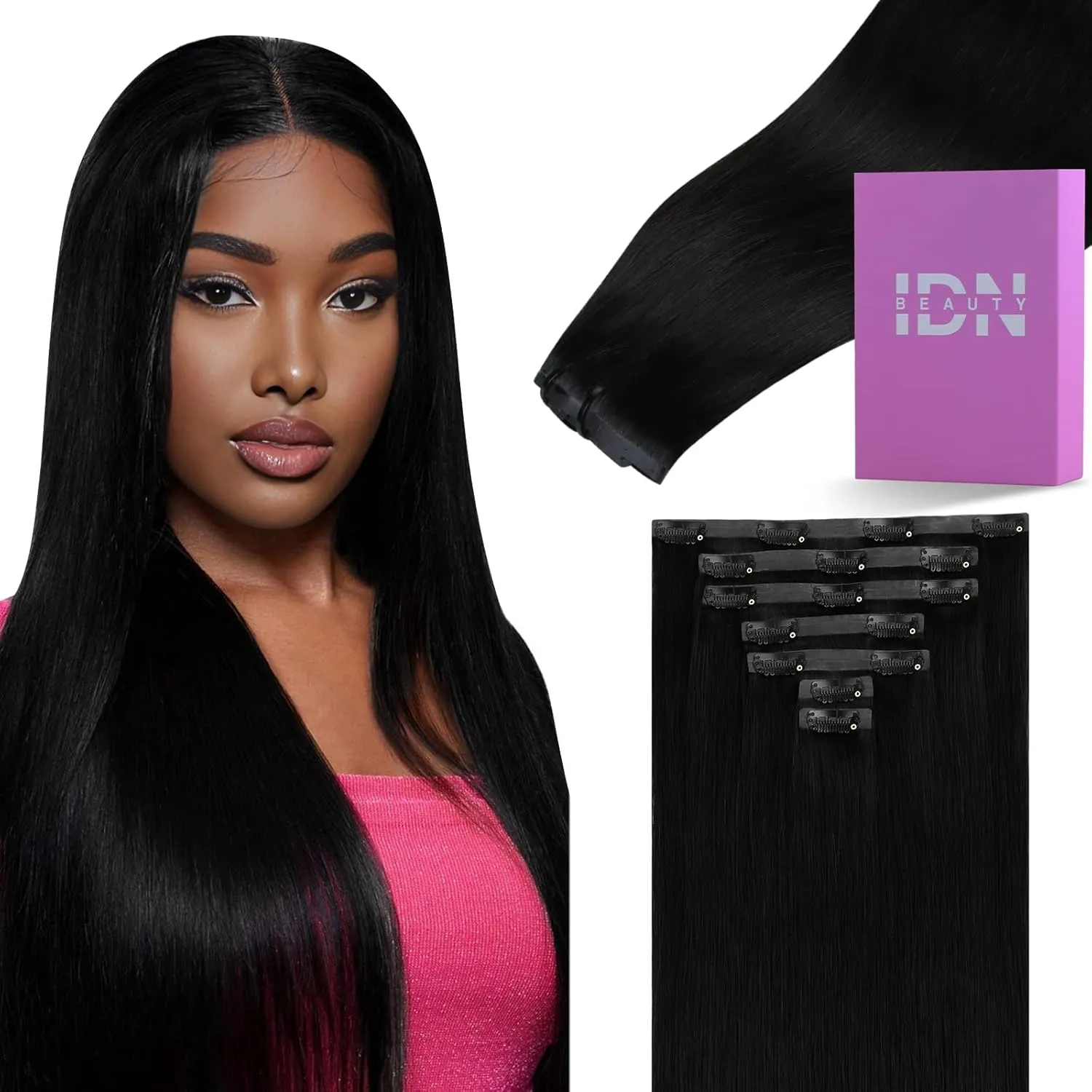 IDN BEAUTY Seamless Clip In Hair Extensions Human Hair Jet Black Real Remy Virgin Human Hair Seamless Clip Ins For Black Women PU Weft Invisible Edge Thick Soft Hair ST 110g 22 Inches