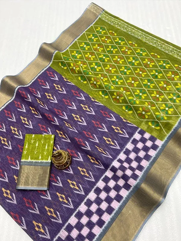 Ikkat Style Linen Printed Saree with Gold Zari Border SA125-210