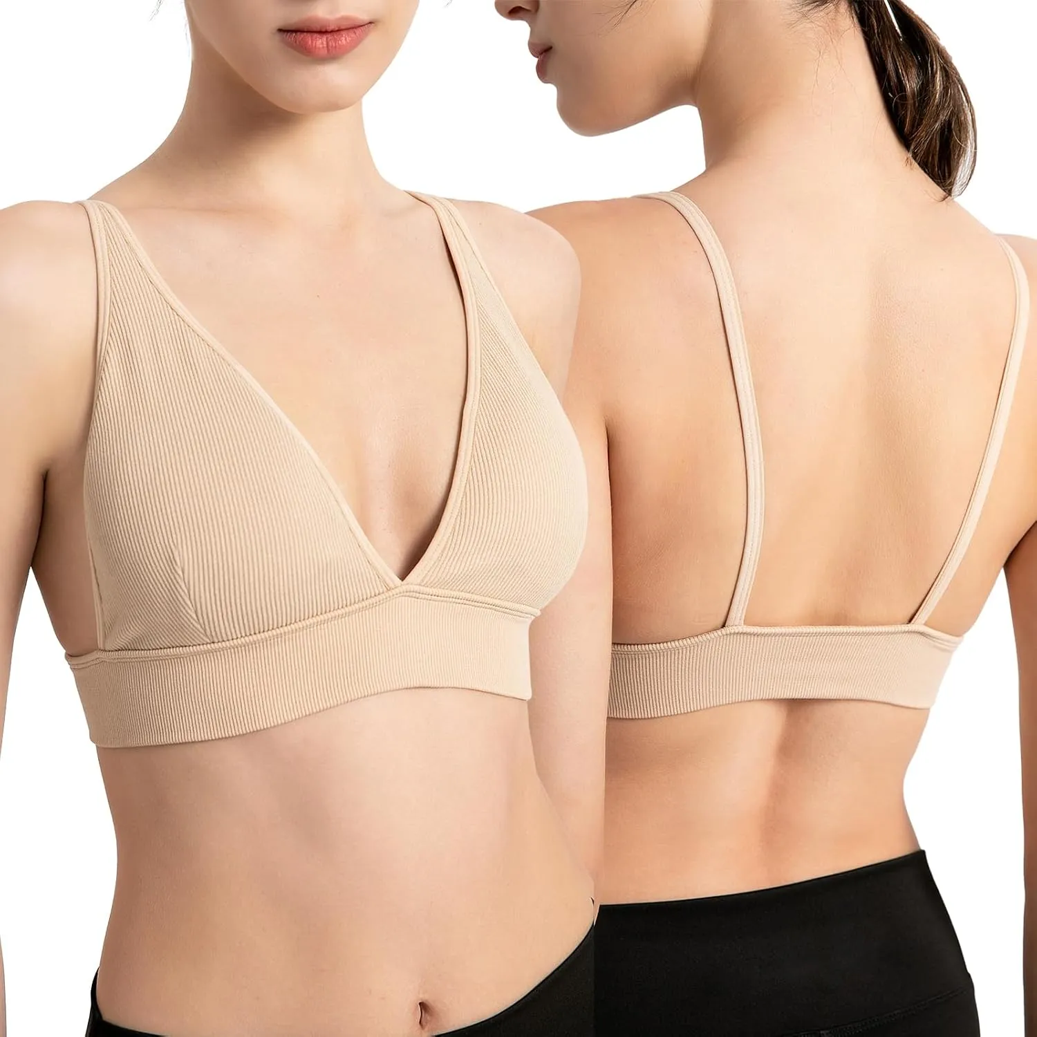 INIBUD Bralette for Women Summer Yoga Sports Ribbed Plunge Cami Bra Seamless V Neck Triangle Comfy