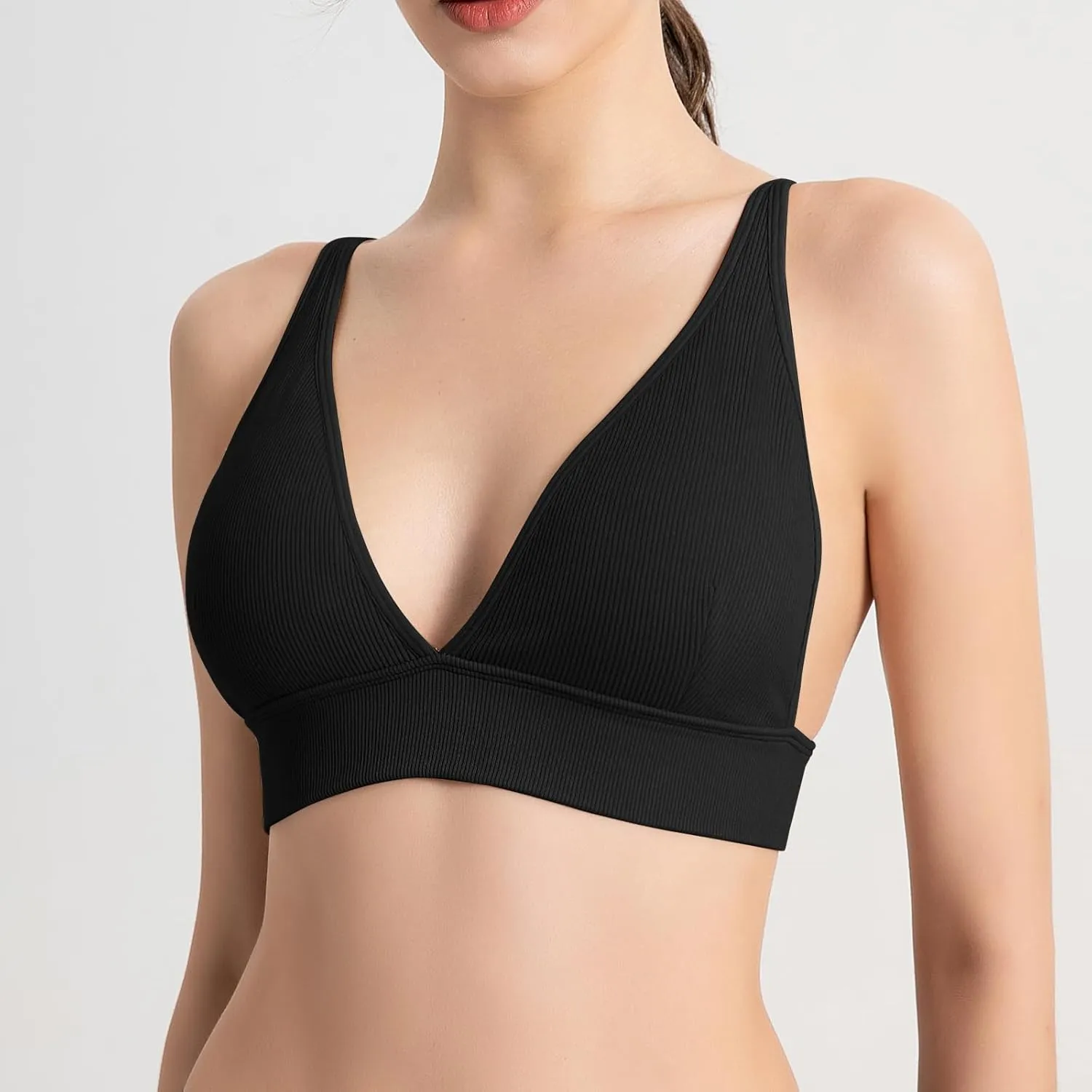 INIBUD Bralette for Women Summer Yoga Sports Ribbed Plunge Cami Bra Seamless V Neck Triangle Comfy