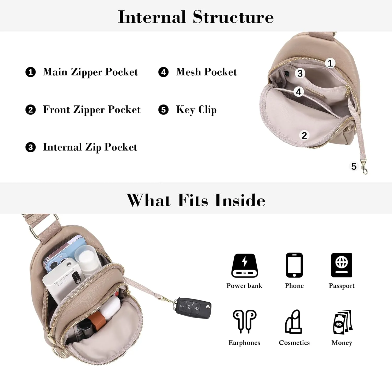 INICAT Crossbody Sling Bags Fanny Packs Leather Purses Chest Bag for Women