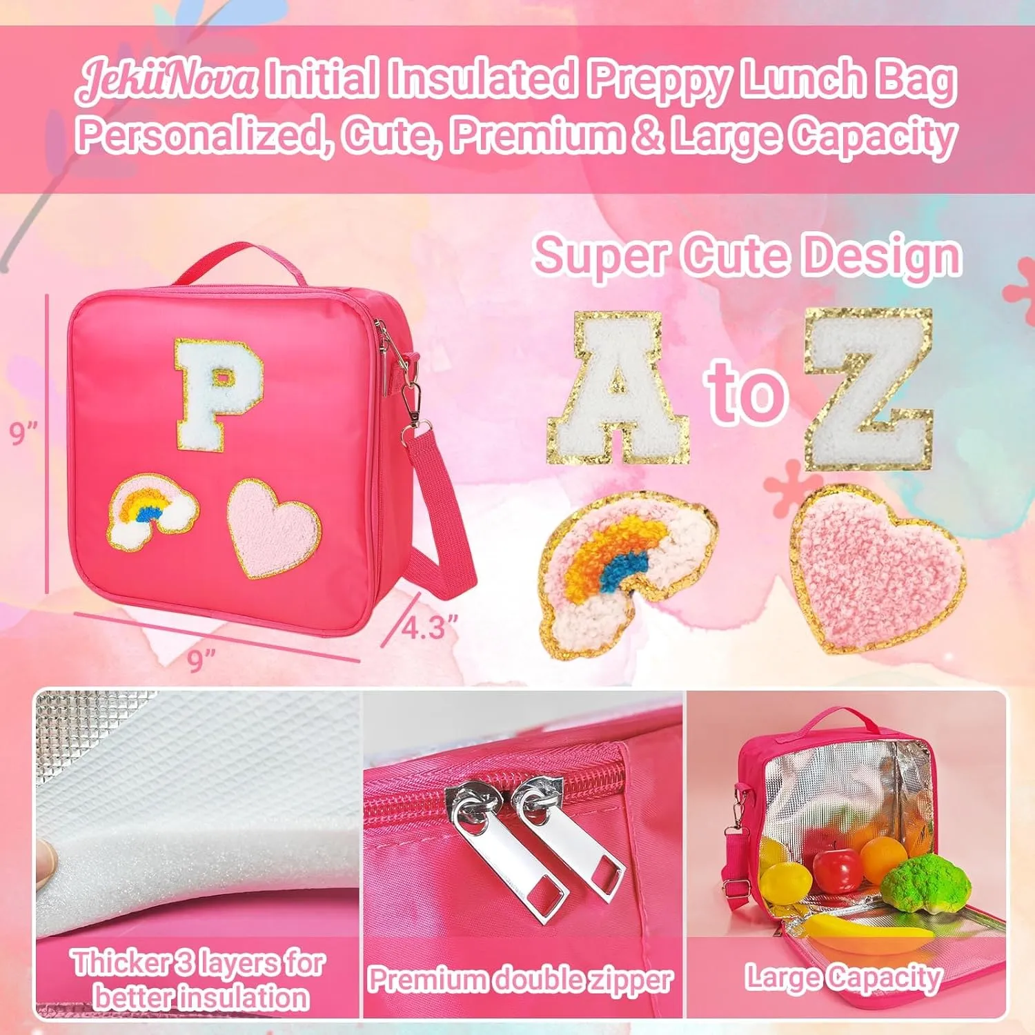 Initial Preppy Lunch Box for Women, Insulated Lunch Bag Travel Must-Haves Graduation Gifts Teacher Appreciation Gifts for Women Mom Sister Friends Daughter Granddaughter (P)