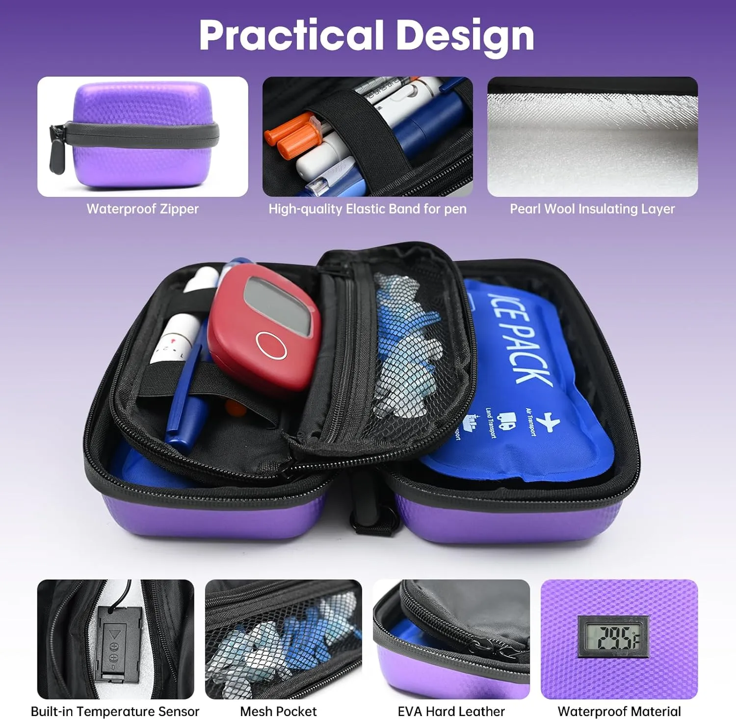 Insulin Cooler Travel Case Portable Refrigerated Medicine Organizer Bag for Diabetic Supplies, TSA Approved Medication Cooling Case with 2 Ice Packs, Perfect for Insulin/Pens/Vials(Purple)