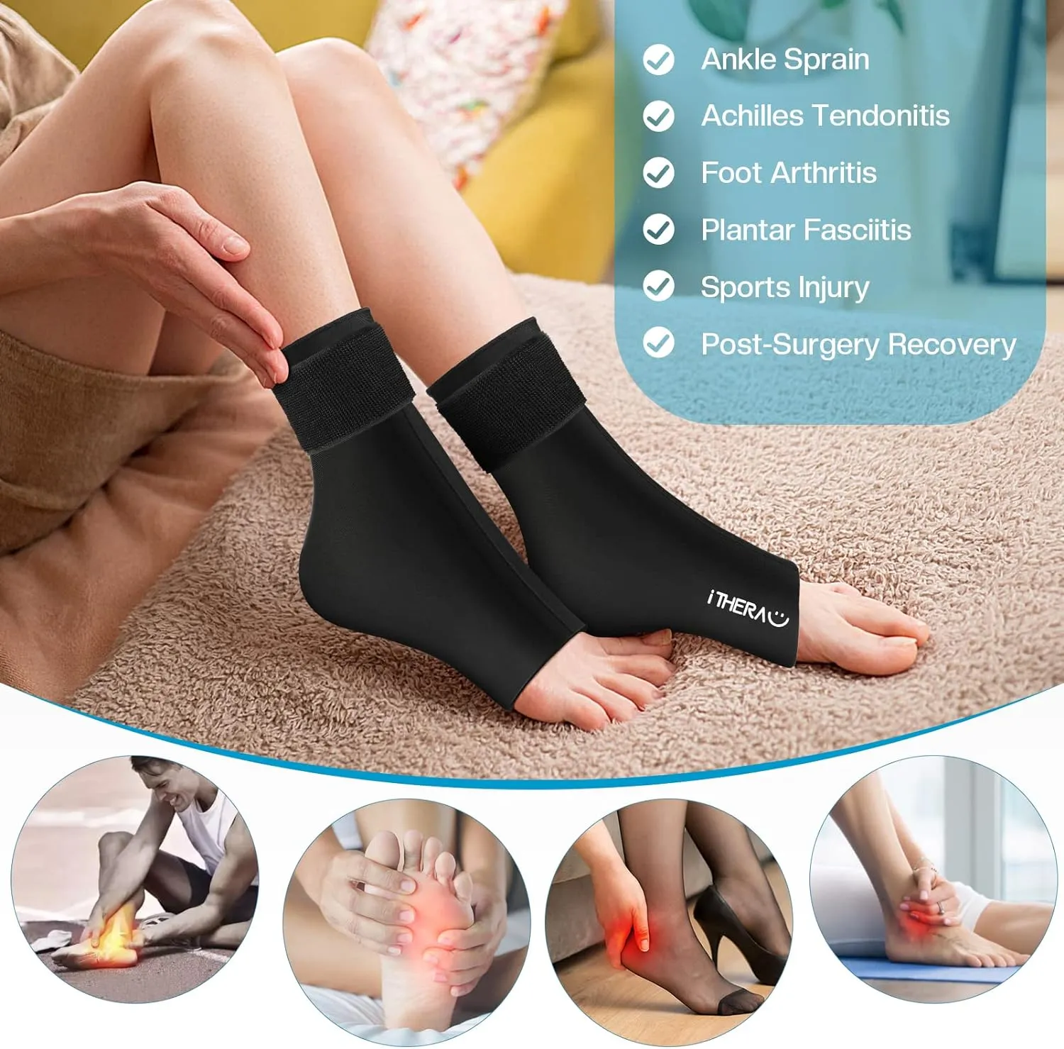 iTHERAU Ankle Ice 2 Pack Wrap for Swelling, Plantar Fasciitis, Foot Pain Relief, Ankle Brace Gel Cold Packs for Injuries Reusable, Hot Cold Compress Therapy for Achilles,Tendonitis