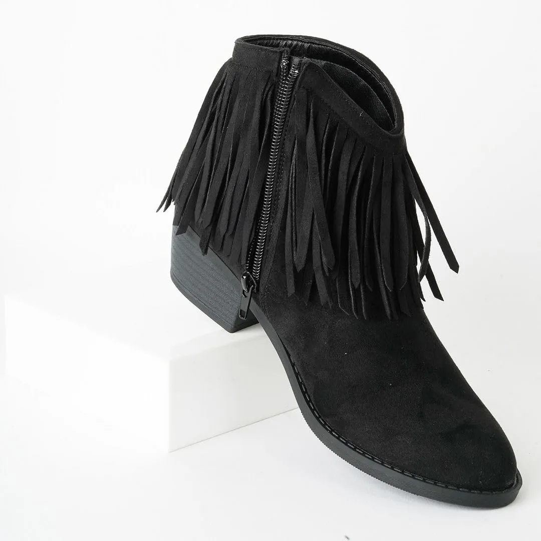 J. Adams Marrow Ankle Boot - Western Fringe Cowboy Low Heel Bootie