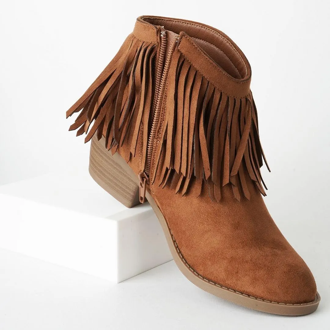 J. Adams Marrow Ankle Boot - Western Fringe Cowboy Low Heel Bootie