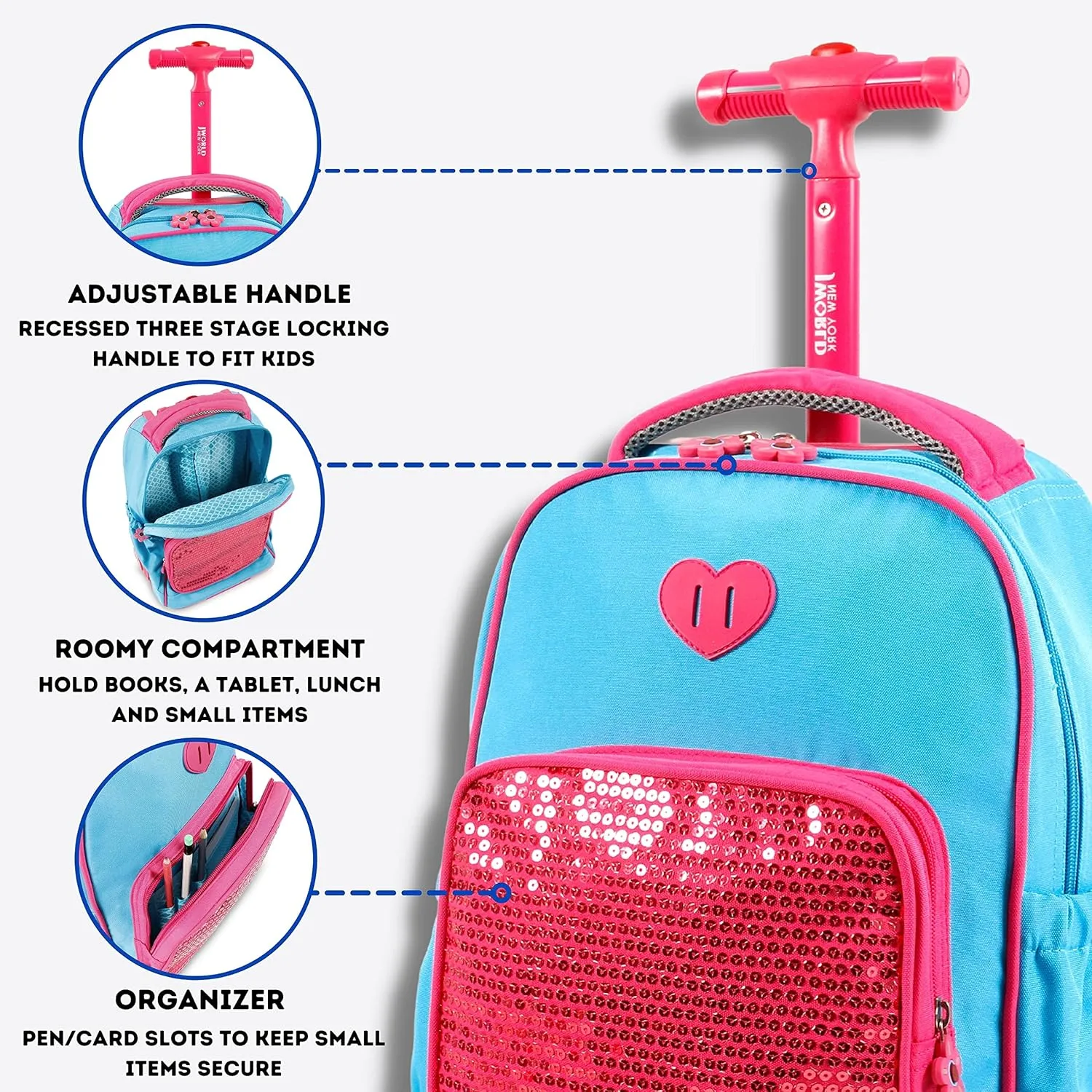 J World New York Kids' Sparkle Rolling Backpack