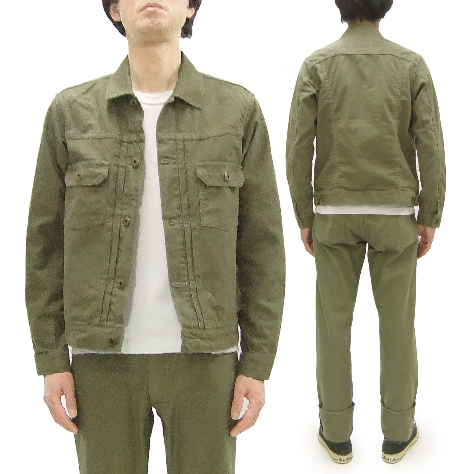 Japan Blue Jeans Jacket Men's Modern-Fit Type 2 Style Lightweight Sulphur-Dyed Back Satin Jacket JBGJ1020 Olive One-Wash