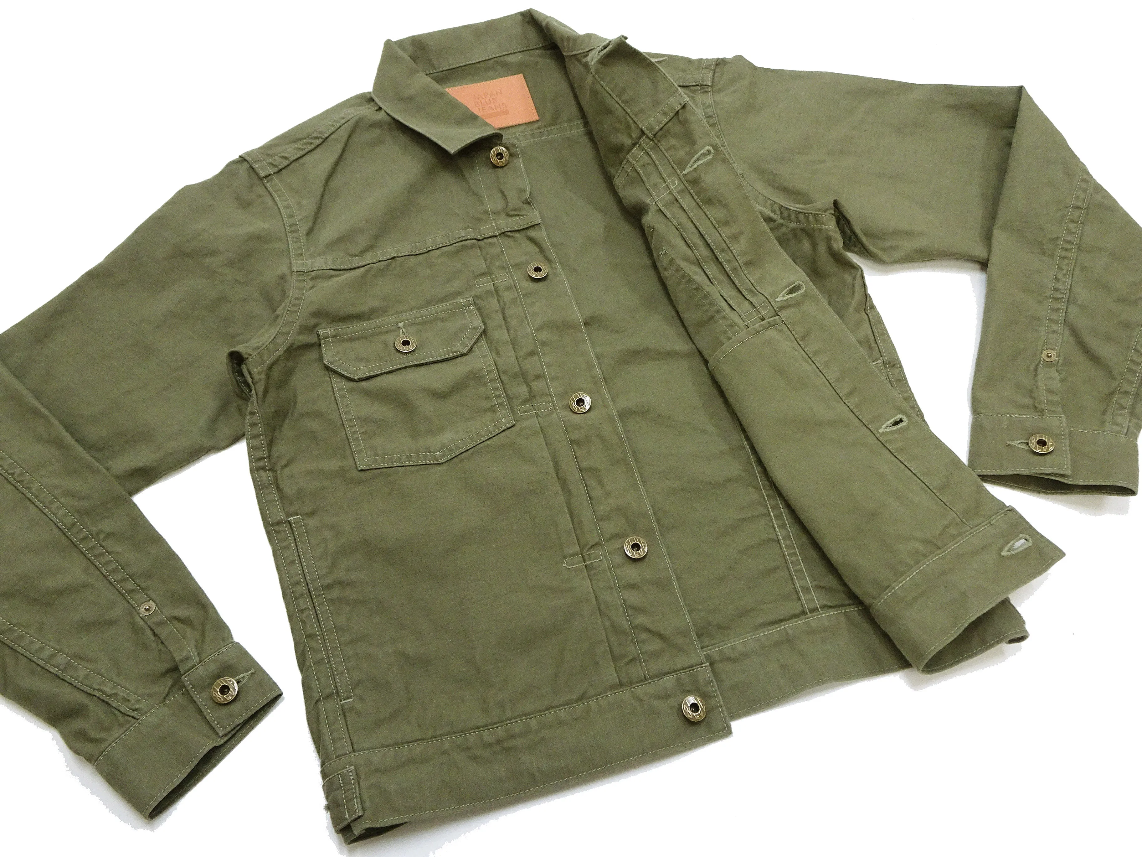 Japan Blue Jeans Jacket Men's Modern-Fit Type 2 Style Lightweight Sulphur-Dyed Back Satin Jacket JBGJ1020 Olive One-Wash