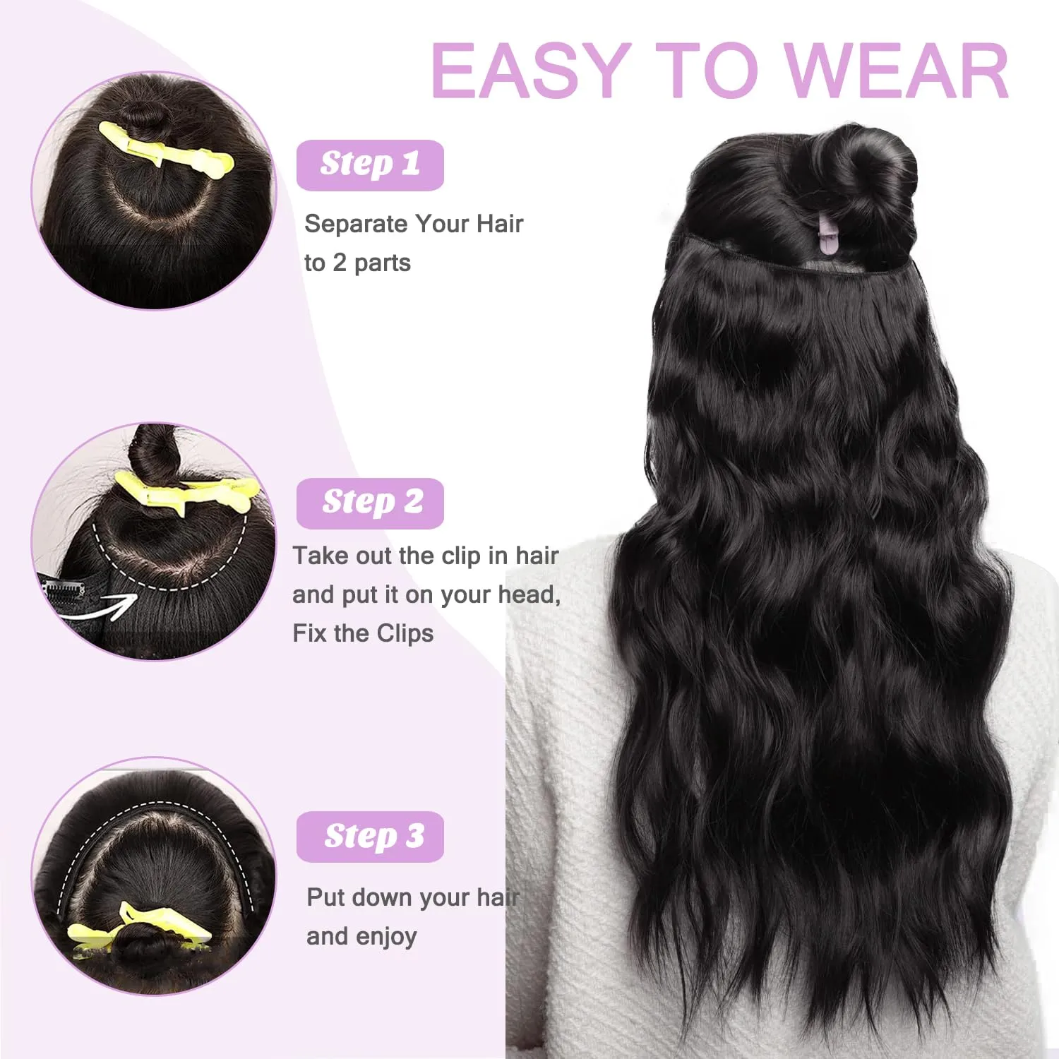 Jet Black Hair Extensions Clip in Human Hair 16inch with 5 Secure Clips Curly Wave Invisible One Piece Clip in Hair Extensions V Shape Clip Hairpieces for Women 80G Double Weft Human Hair Extensions