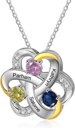 JewelOra Personalized Heart Necklace for Mother Custom Engraved 3 Name Necklace Customized Flower Blossom with Simulated Birthstone Necklace Pendant Christmas Birthday Jewelry Gift for Women