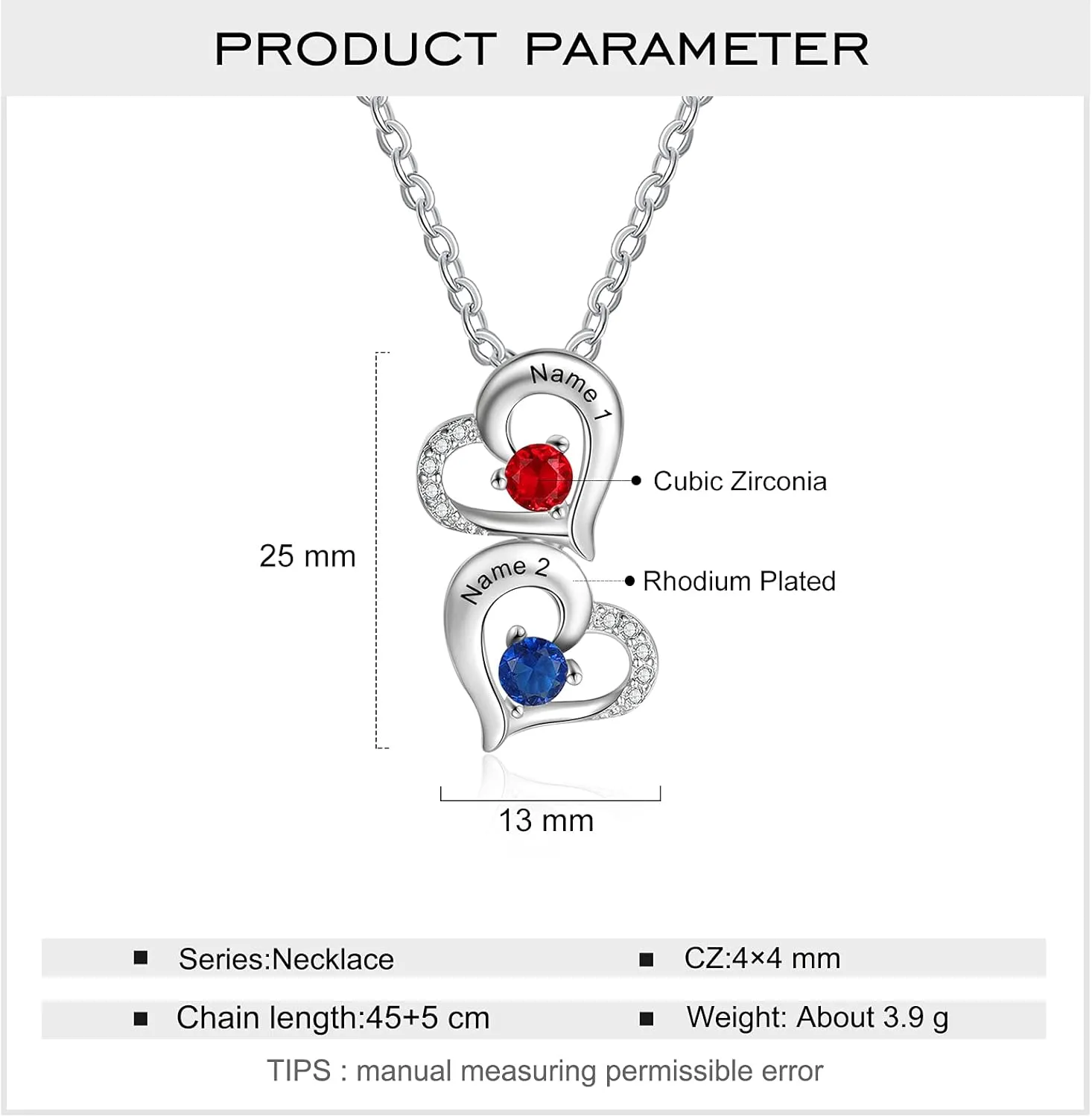 JewelOra Personalized Heart Necklace for Women Custom Heart Necklace Pendant with Simulated Birthstones Engraved 2-5 Names Pendant Dainty Birthday Jewelry Gift for Wife Girlfriend
