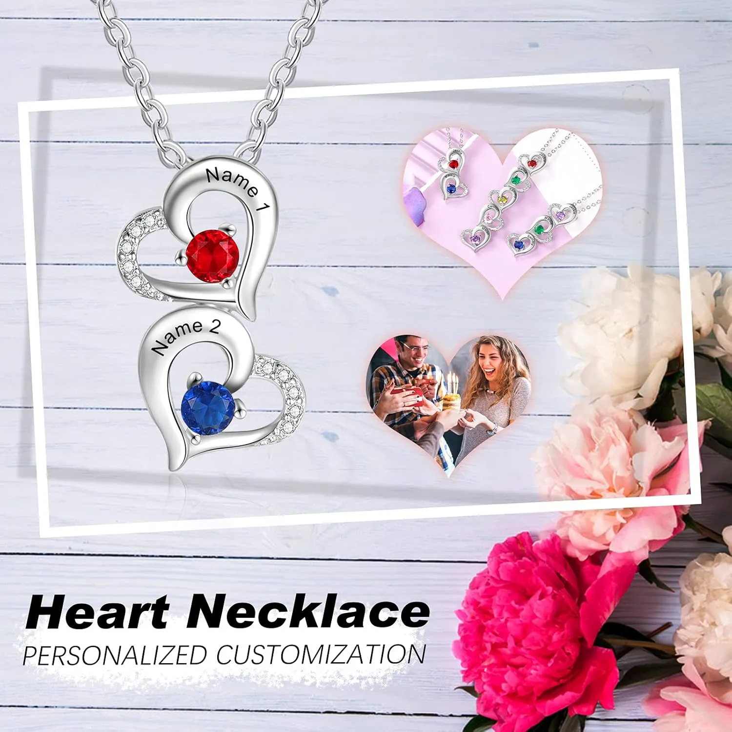 JewelOra Personalized Heart Necklace for Women Custom Heart Necklace Pendant with Simulated Birthstones Engraved 2-5 Names Pendant Dainty Birthday Jewelry Gift for Wife Girlfriend