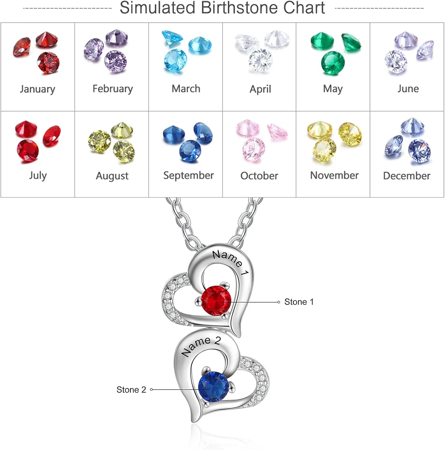 JewelOra Personalized Heart Necklace for Women Custom Heart Necklace Pendant with Simulated Birthstones Engraved 2-5 Names Pendant Dainty Birthday Jewelry Gift for Wife Girlfriend