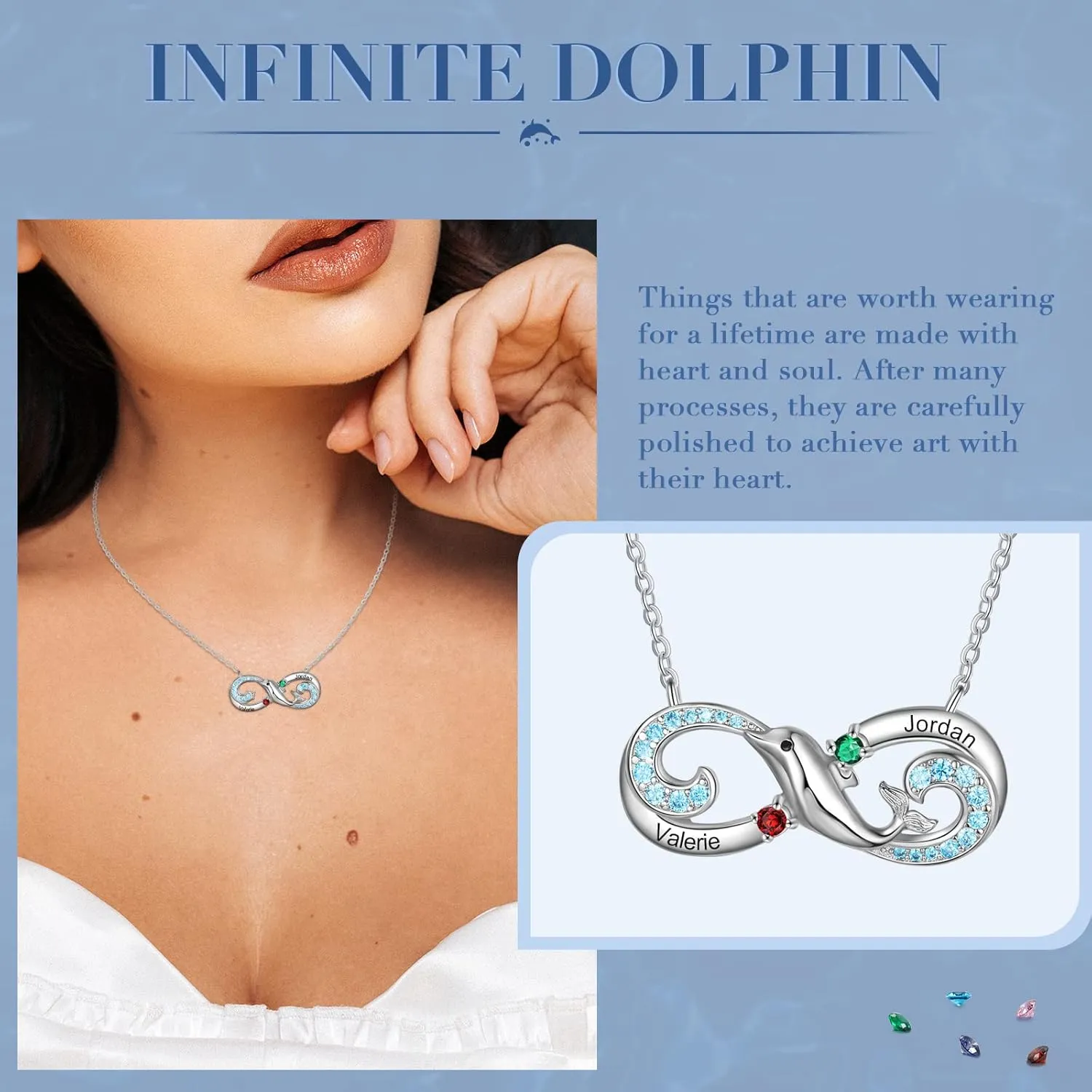 JewelOra Personalized Infinity Necklace Customized Dolphin Necklace with Simulated Birthstone Engraved Name Necklace Pendant for Women Mom Cute Dolphin Animal Jewelry Gift