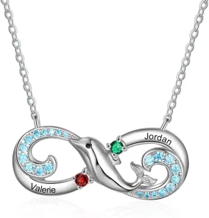 JewelOra Personalized Infinity Necklace Customized Dolphin Necklace with Simulated Birthstone Engraved Name Necklace Pendant for Women Mom Cute Dolphin Animal Jewelry Gift