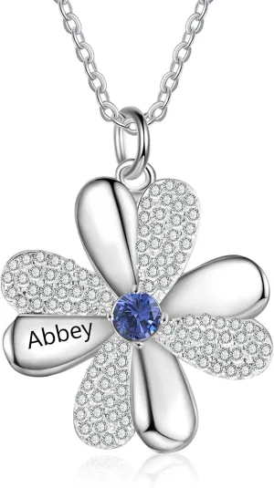 JewelOra Personalized Mother Daughter Necklace Custom Four Leaf Clover Necklace Pendant with Simulated Birthstones Engraved Family Promise Names Necklace Dainty Birthday Christmas Jewelry Gift