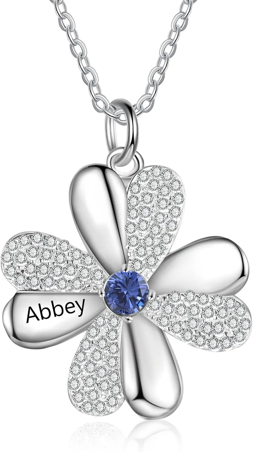 JewelOra Personalized Mother Daughter Necklace Custom Four Leaf Clover Necklace Pendant with Simulated Birthstones Engraved Family Promise Names Necklace Dainty Birthday Christmas Jewelry Gift