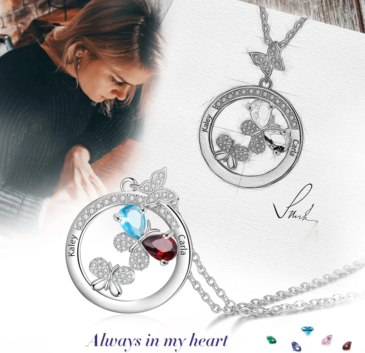 JewelOra Personalized Necklace for Women Custom Butterfly Mother Daughter Necklace Pendant with Simulated Birthstones Engraved Family Names Necklace Dainty Birthday Jewelry Gift for Wife Girlfriend