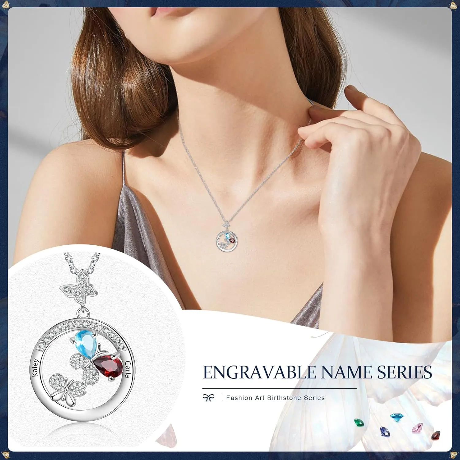 JewelOra Personalized Necklace for Women Custom Butterfly Mother Daughter Necklace Pendant with Simulated Birthstones Engraved Family Names Necklace Dainty Birthday Jewelry Gift for Wife Girlfriend