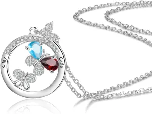 JewelOra Personalized Necklace for Women Custom Butterfly Mother Daughter Necklace Pendant with Simulated Birthstones Engraved Family Names Necklace Dainty Birthday Jewelry Gift for Wife Girlfriend