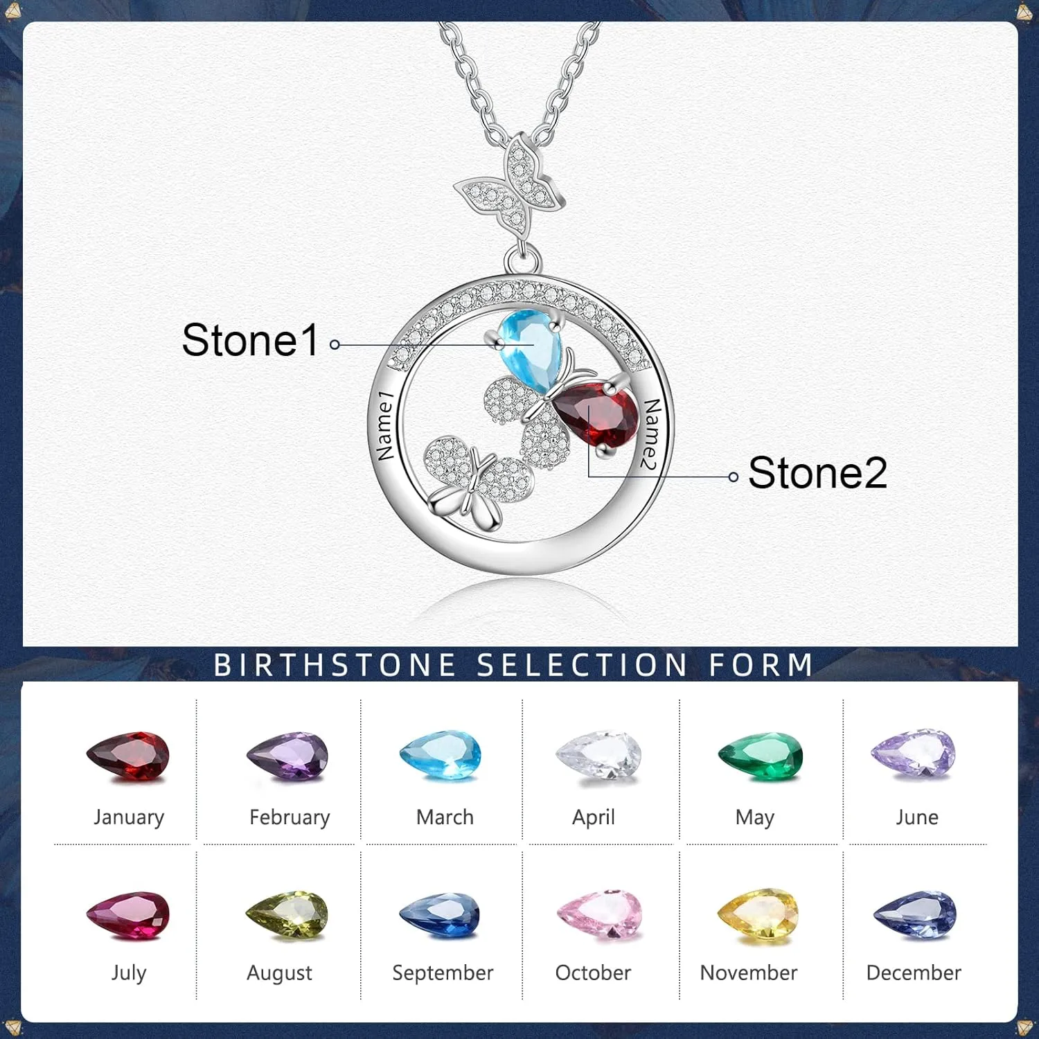 JewelOra Personalized Necklace for Women Custom Butterfly Mother Daughter Necklace Pendant with Simulated Birthstones Engraved Family Names Necklace Dainty Birthday Jewelry Gift for Wife Girlfriend
