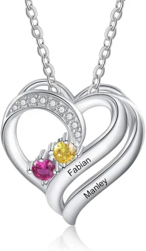 JewelOra Personalized Necklace for Women Custom Heart Necklace Pendant with 2 Simulated Birthstones Engraved 2 Family Names Pendant Dainty Birthday Jewelry Gift for Wife Girlfriend