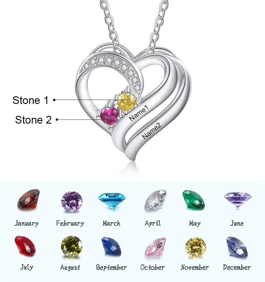 JewelOra Personalized Necklace for Women Custom Heart Necklace Pendant with 2 Simulated Birthstones Engraved 2 Family Names Pendant Dainty Birthday Jewelry Gift for Wife Girlfriend