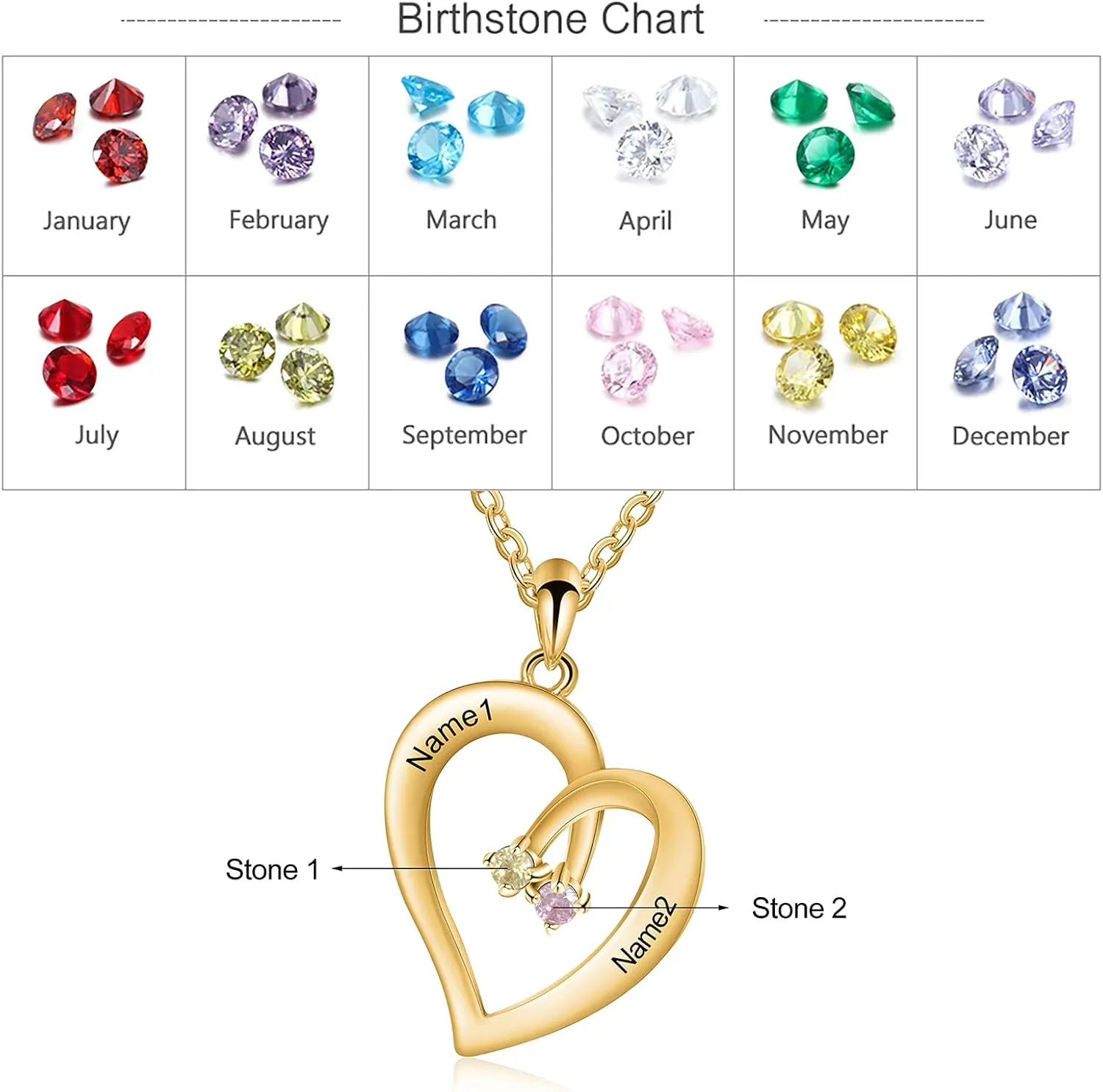 JewelOra Personalized Necklace for Women Custom Heart Necklace with 2 Simulated Birthstone Custom Engraved 2 Names Pendant Couple Necklace Pendant Name Necklace for Girlfriend