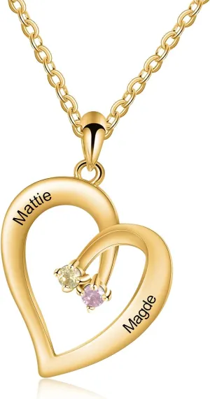 JewelOra Personalized Necklace for Women Custom Heart Necklace with 2 Simulated Birthstone Custom Engraved 2 Names Pendant Couple Necklace Pendant Name Necklace for Girlfriend