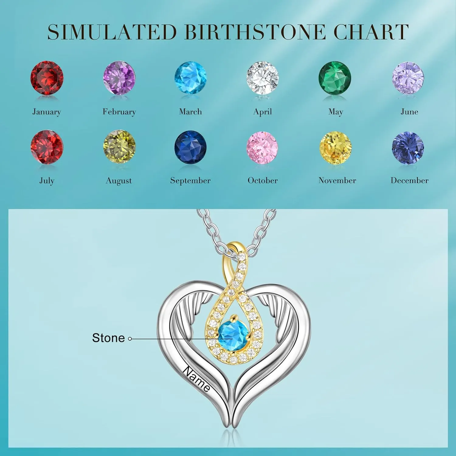 JewelOra Personalized Necklace for Women Custom Infinity Angel Wing Necklace Pendant Engraved Name Heart Necklace with Simulated Birthstone Christmas Anniversary Jewelry Birthday Gift for Mom