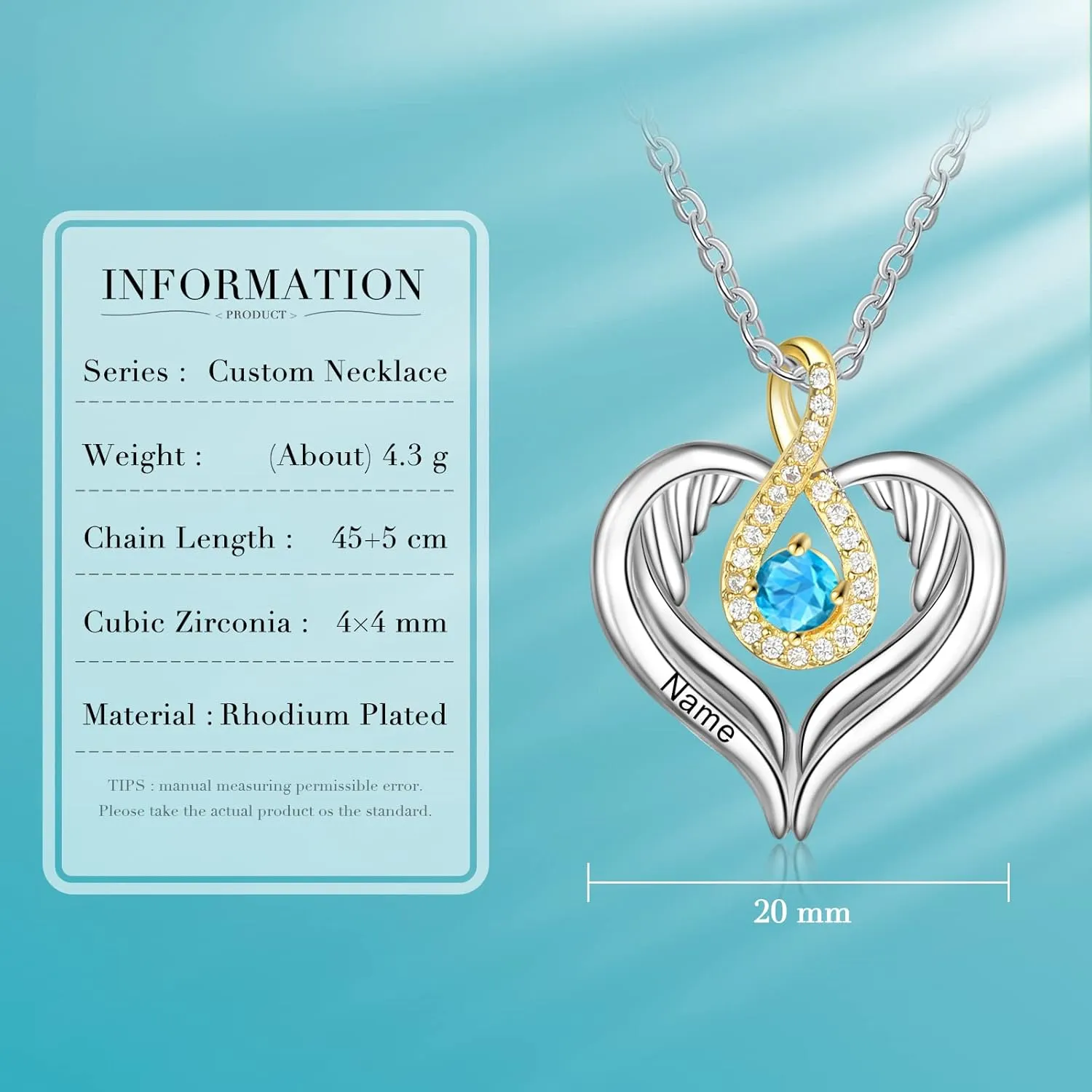 JewelOra Personalized Necklace for Women Custom Infinity Angel Wing Necklace Pendant Engraved Name Heart Necklace with Simulated Birthstone Christmas Anniversary Jewelry Birthday Gift for Mom