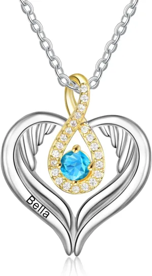 JewelOra Personalized Necklace for Women Custom Infinity Angel Wing Necklace Pendant Engraved Name Heart Necklace with Simulated Birthstone Christmas Anniversary Jewelry Birthday Gift for Mom