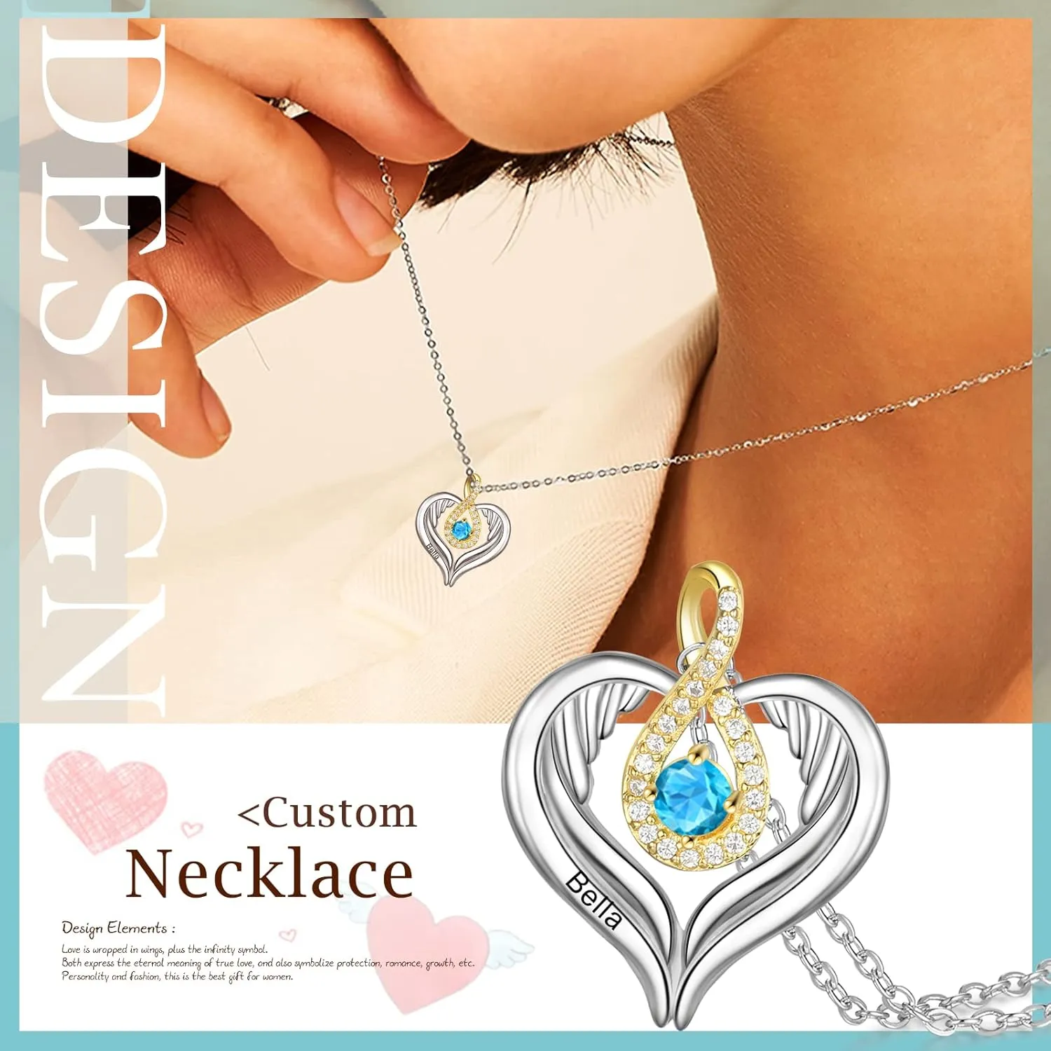 JewelOra Personalized Necklace for Women Custom Infinity Angel Wing Necklace Pendant Engraved Name Heart Necklace with Simulated Birthstone Christmas Anniversary Jewelry Birthday Gift for Mom