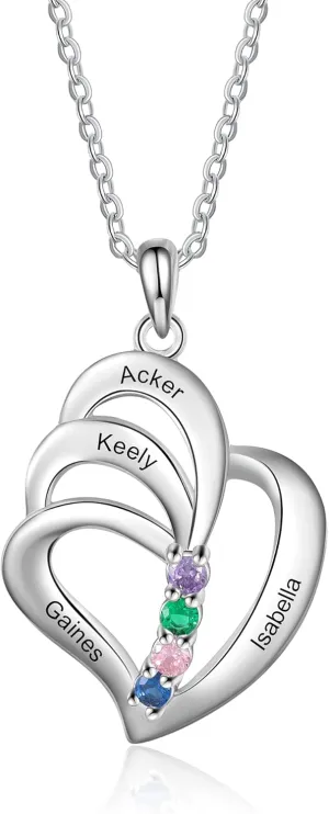 JewelOra Personalized Necklace for Women Heart Necklace with 3 Simulated Birthstone Custom Engraved 4 Names Pendant Couple Pendant Name Necklace for Girlfriend