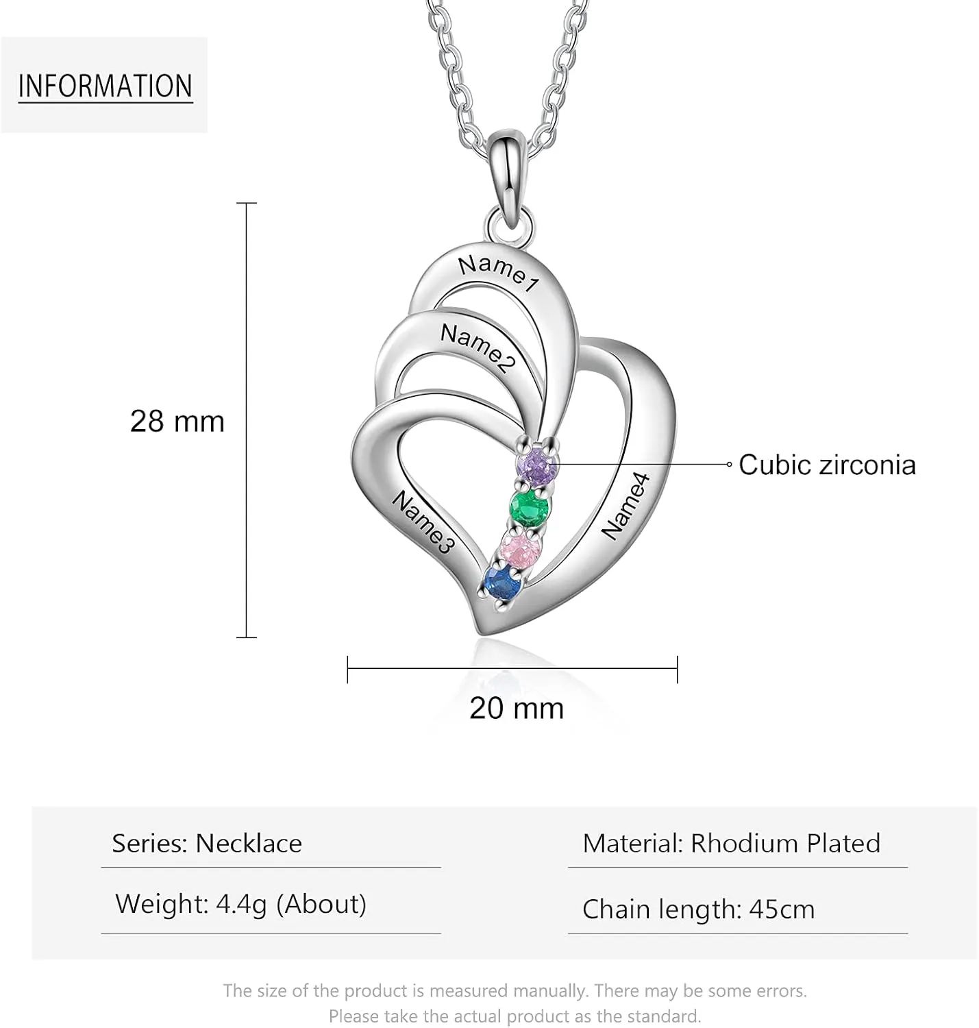 JewelOra Personalized Necklace for Women Heart Necklace with 3 Simulated Birthstone Custom Engraved 4 Names Pendant Couple Pendant Name Necklace for Girlfriend