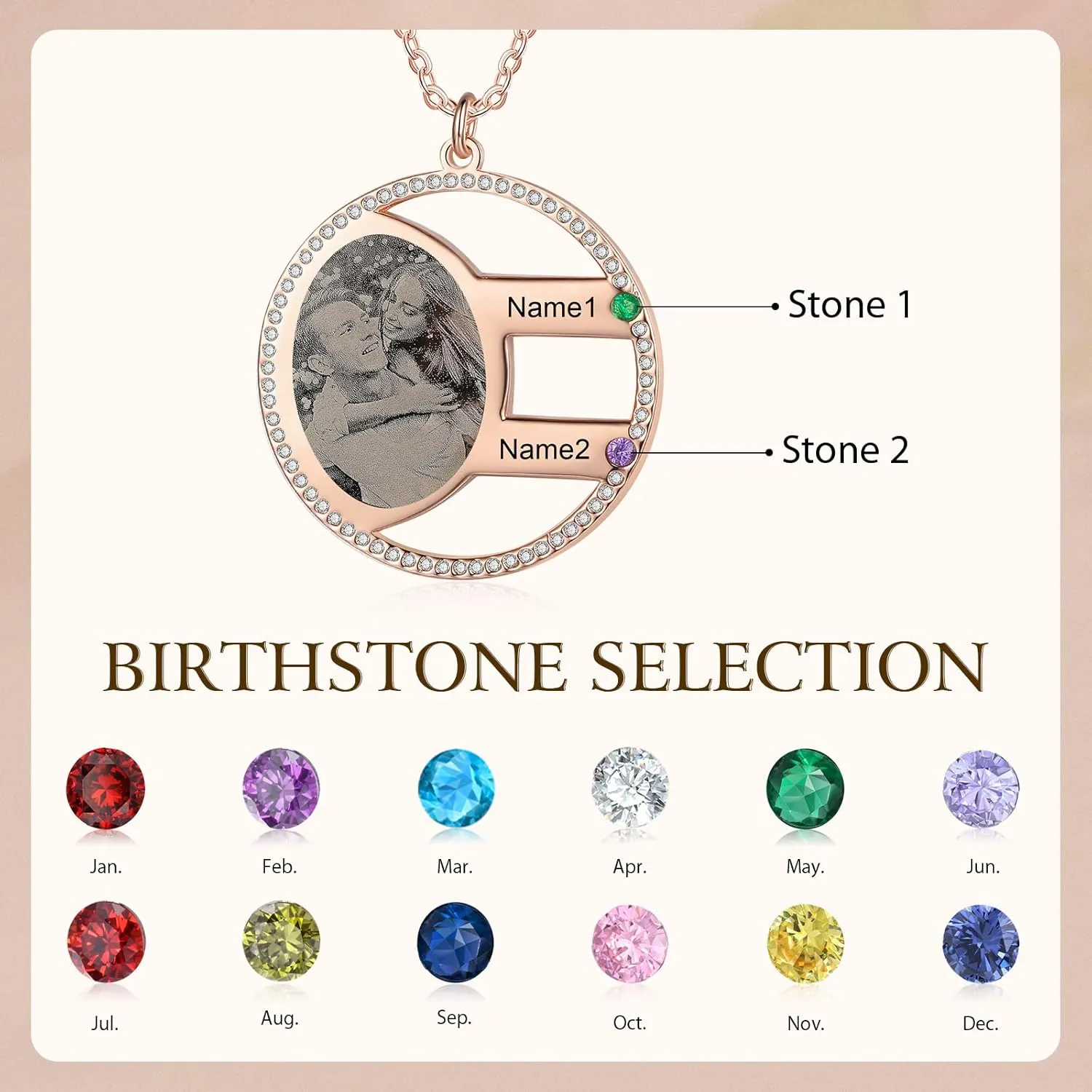 JewelOra Personalized Photo Necklace for Women, Custom Engraved 2-5 Name Necklace Pendant for Mother, Personalized Simulated Birthstone Necklace Jewelry Gift for Birthday Mother's Day