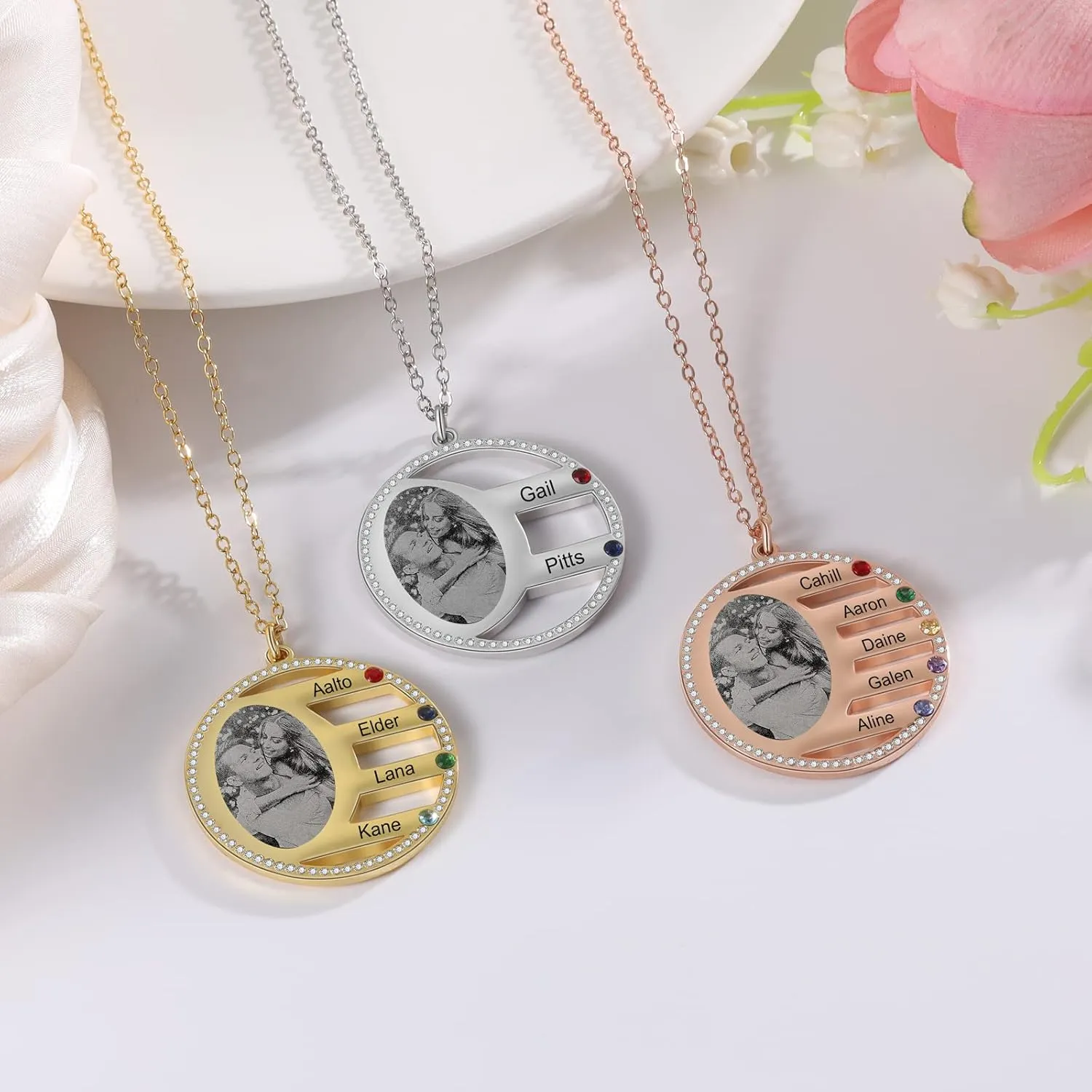 JewelOra Personalized Photo Necklace for Women, Custom Engraved 2-5 Name Necklace Pendant for Mother, Personalized Simulated Birthstone Necklace Jewelry Gift for Birthday Mother's Day