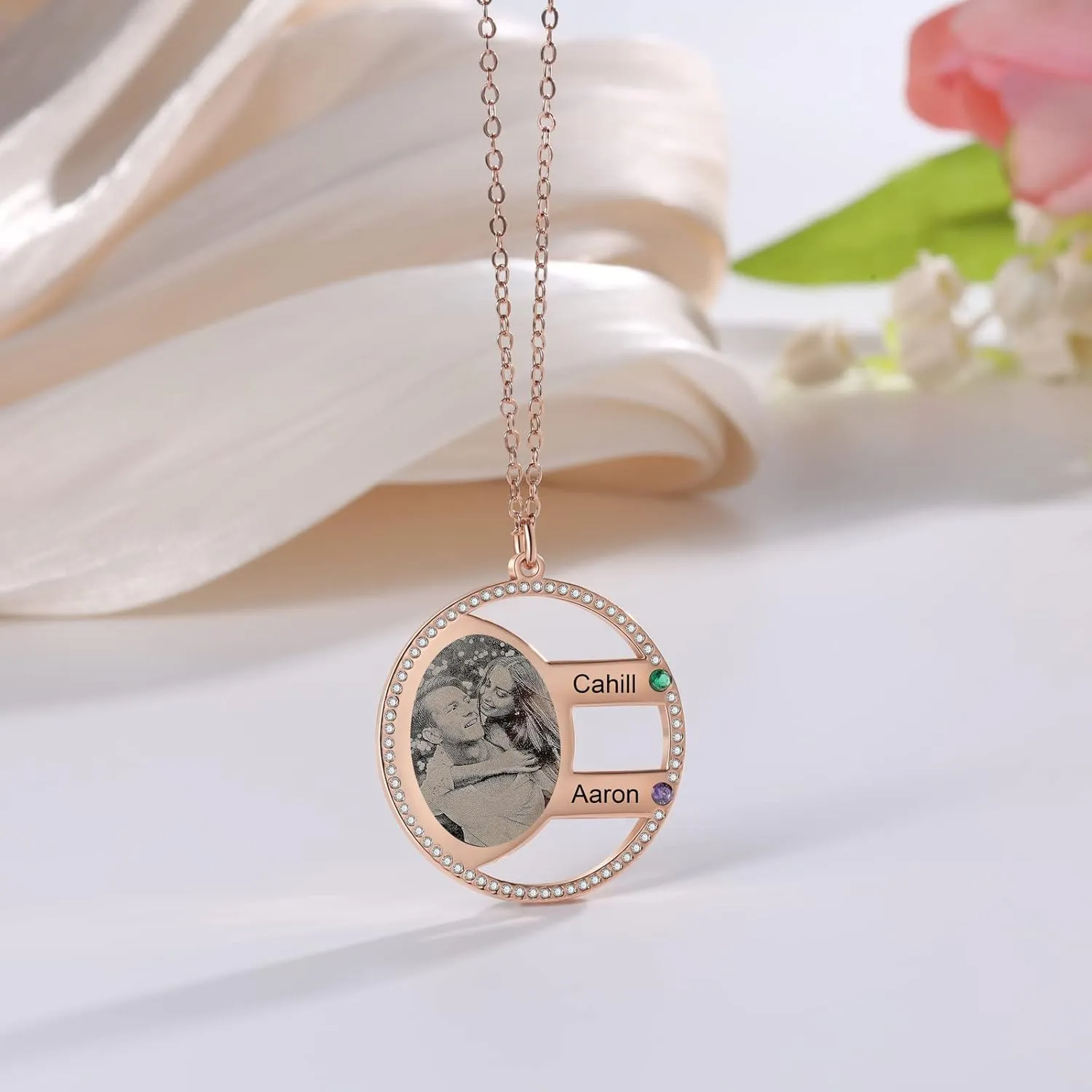 JewelOra Personalized Photo Necklace for Women, Custom Engraved 2-5 Name Necklace Pendant for Mother, Personalized Simulated Birthstone Necklace Jewelry Gift for Birthday Mother's Day