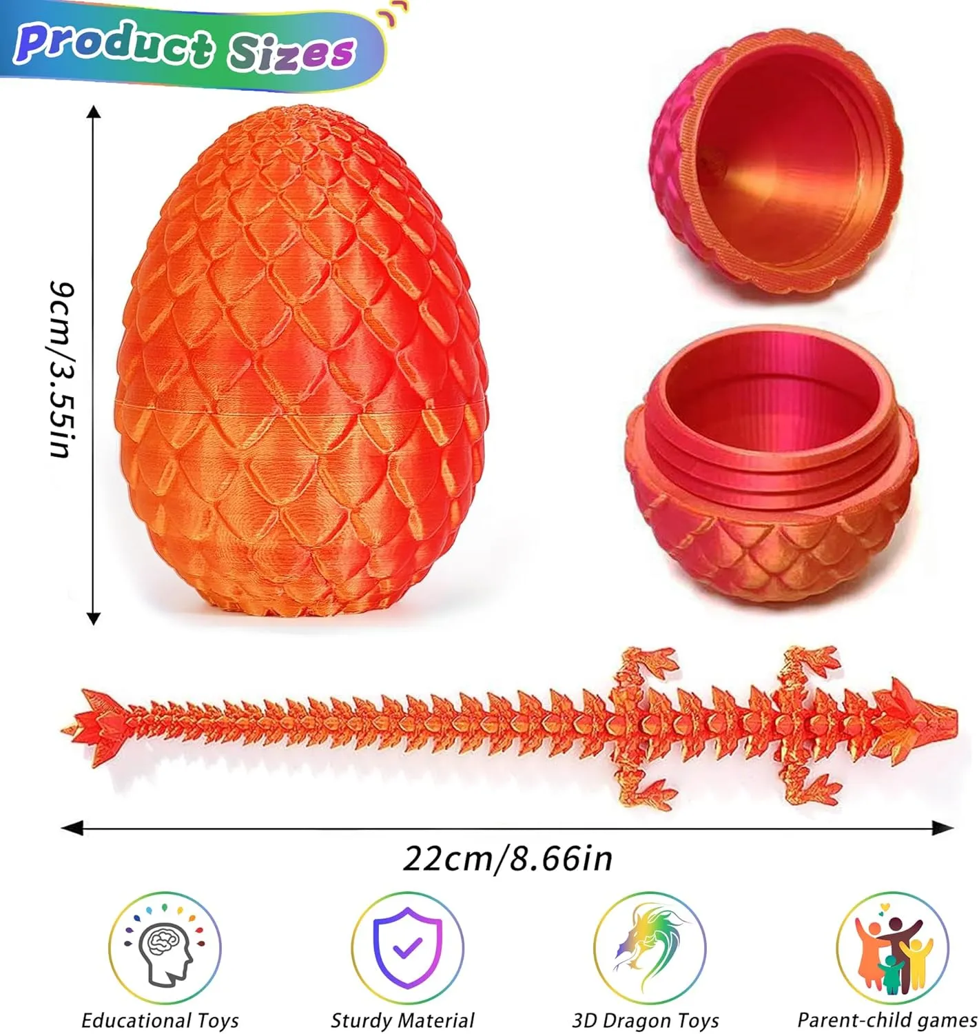 JOD® 4PCS 3D Printed Dragon Eggs with Dragon Inside – Articulated Fidget Toys, Easter Dragon Eggs, Mystery Surprise Easter Eggs for Kids, Unique 3D Printed Animals, Home Decor and Gift Set(B)