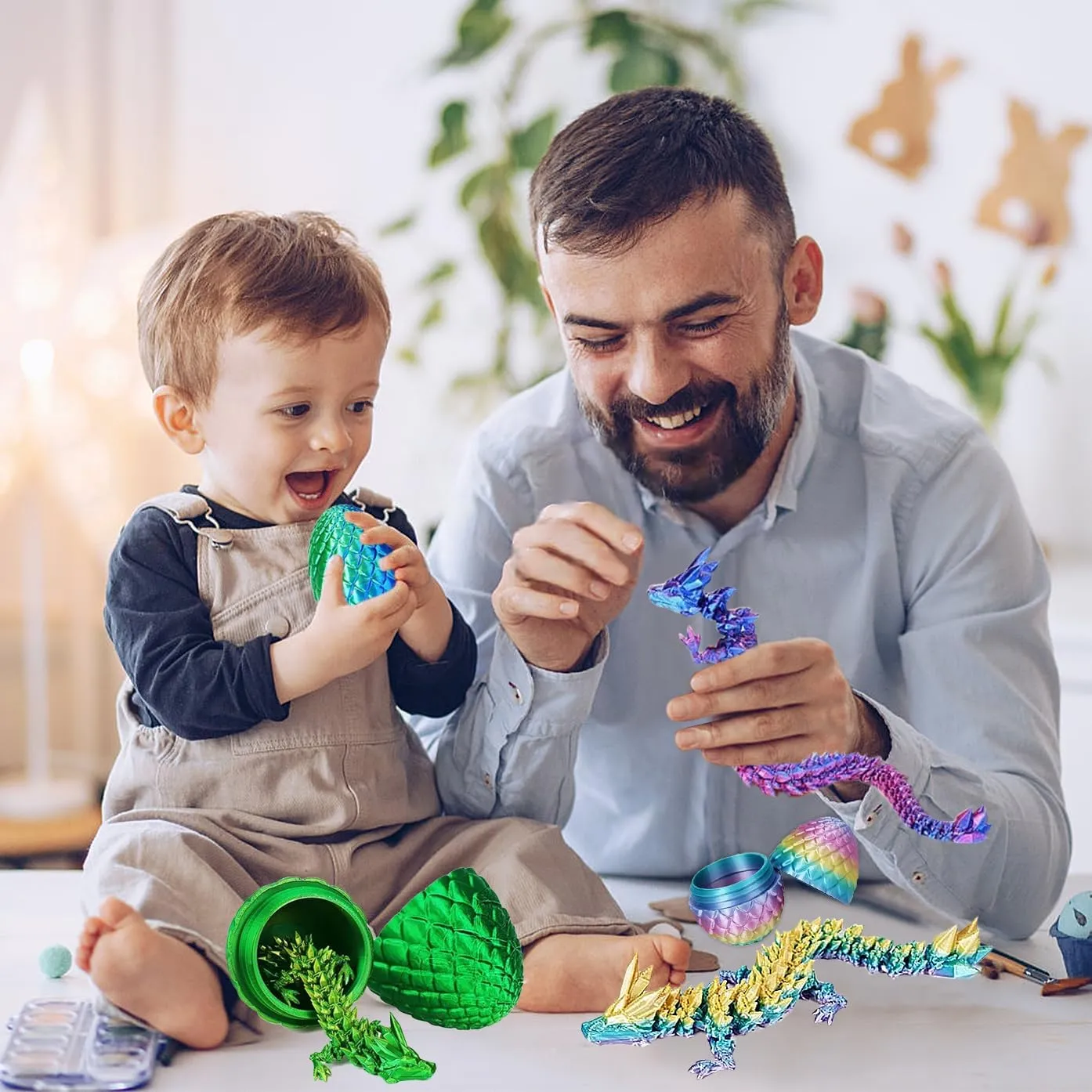 JOD® 4PCS 3D Printed Dragon Eggs with Dragon Inside – Articulated Fidget Toys, Easter Dragon Eggs, Mystery Surprise Easter Eggs for Kids, Unique 3D Printed Animals, Home Decor and Gift Set(B)