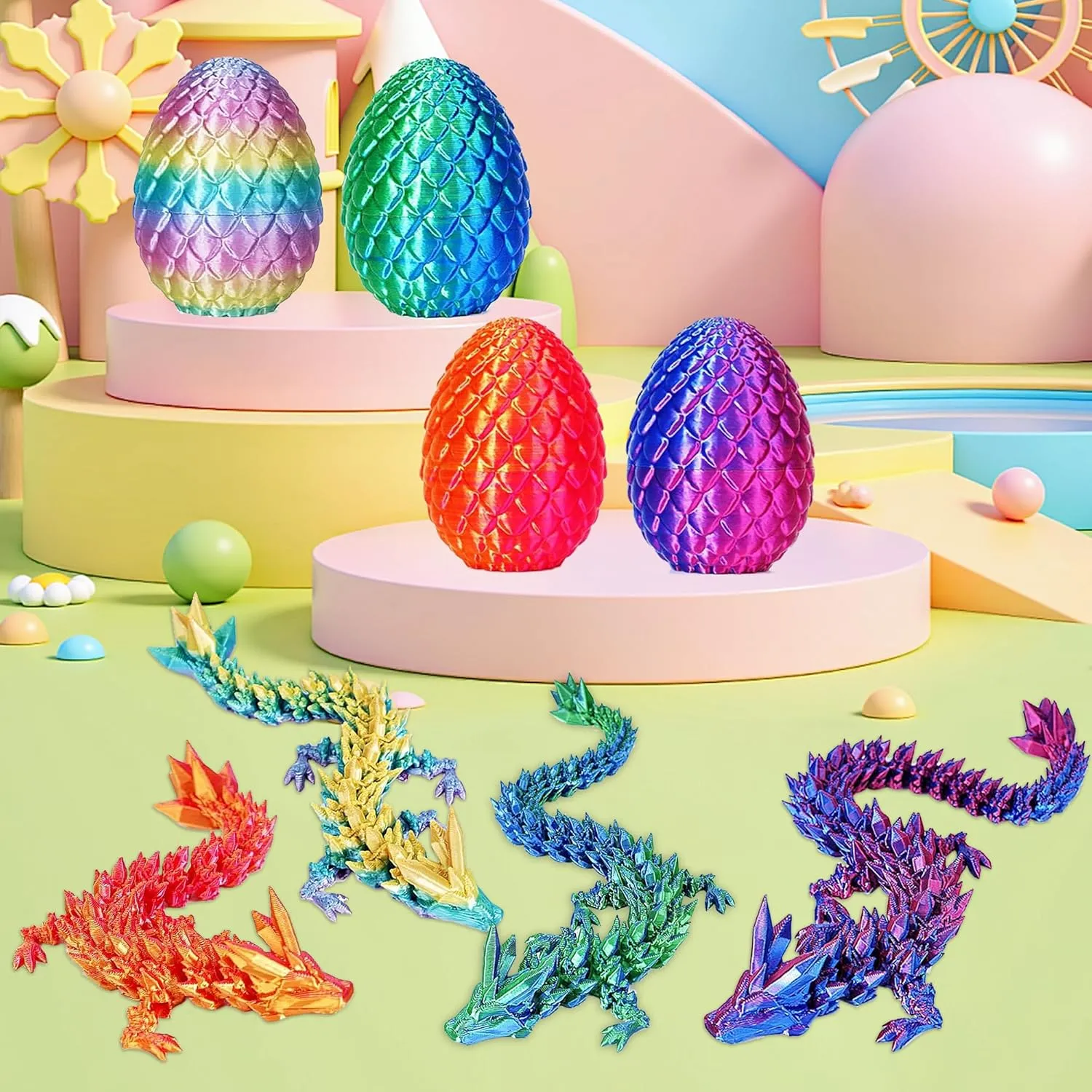 JOD® 4PCS 3D Printed Dragon Eggs with Dragon Inside – Articulated Fidget Toys, Easter Dragon Eggs, Mystery Surprise Easter Eggs for Kids, Unique 3D Printed Animals, Home Decor and Gift Set(B)