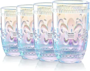 Joeyan Iridescent Drinking Glass Cups,Floral Embossed Romantic Water Tumblers,Vintage Highball Glassware for Juice Beverage Wine Cocktail,Great for Wedding Party Home Daily Use,12.5 oz,Set of 4