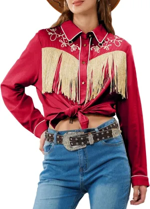 JOHN MOON Women's Fringe Western Button Down Shirts with Studs Floral Embroidered Cowgirl Tops Country Style Snap Blouses