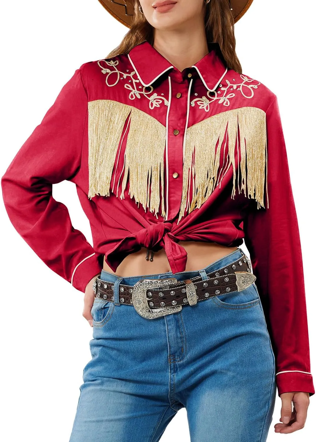 JOHN MOON Women's Fringe Western Button Down Shirts with Studs Floral Embroidered Cowgirl Tops Country Style Snap Blouses
