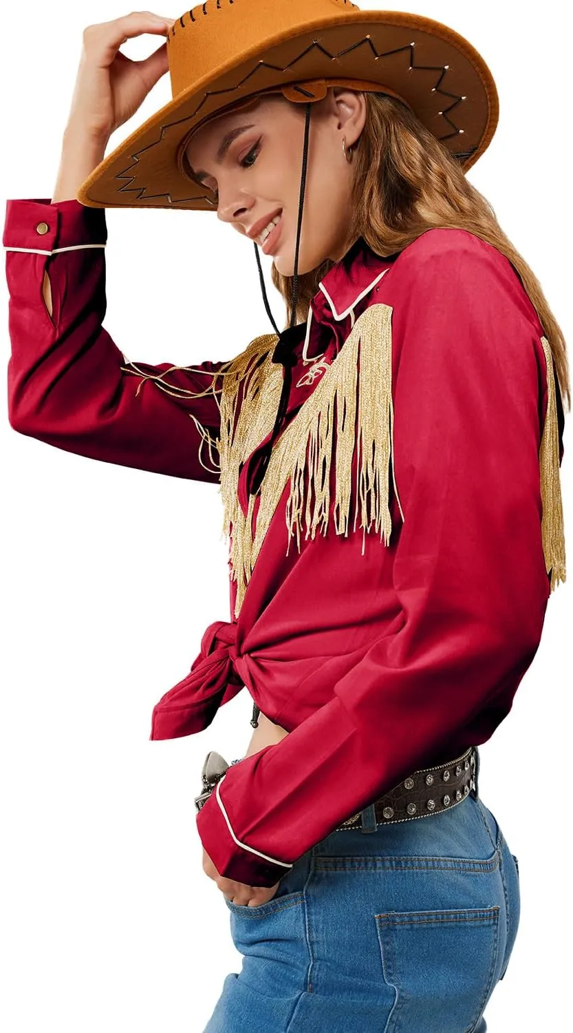 JOHN MOON Women's Fringe Western Button Down Shirts with Studs Floral Embroidered Cowgirl Tops Country Style Snap Blouses