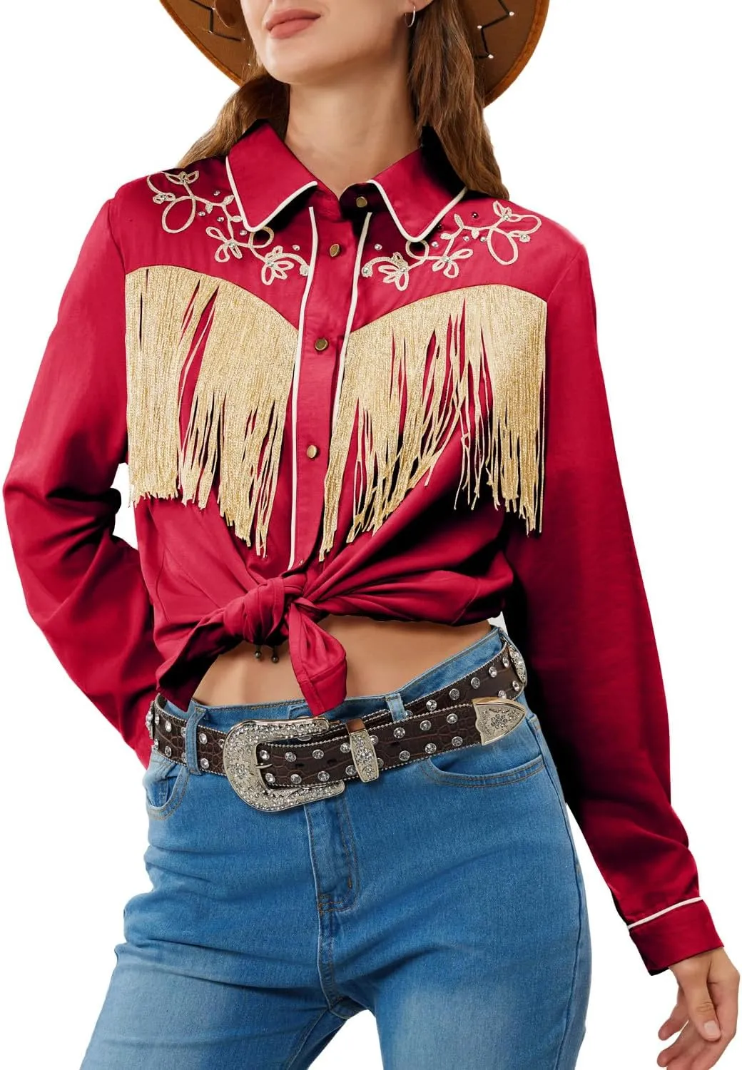 JOHN MOON Women's Fringe Western Button Down Shirts with Studs Floral Embroidered Cowgirl Tops Country Style Snap Blouses